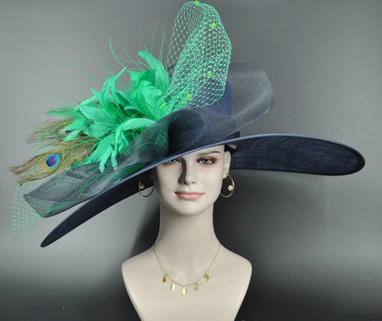 Navy Derby Hat: Green Feather & Peacock Jumbo Bow Sinamay Wide Brim