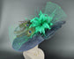 Navy Kentucky Derby Hat: Green Feather & Peacock Jumbo Bow Sinamay Wide Brim