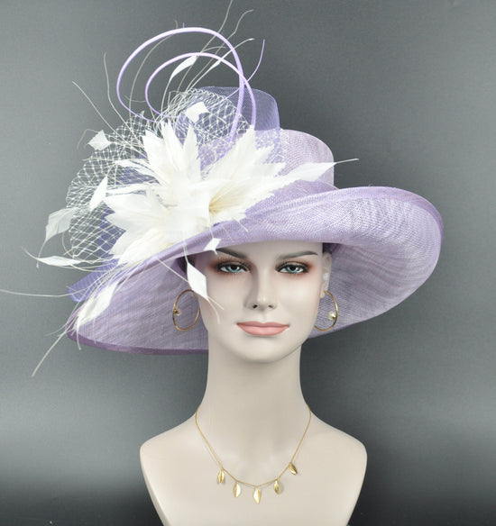 Lilac Derby Hat: Feather Flower Church Wedding Hat