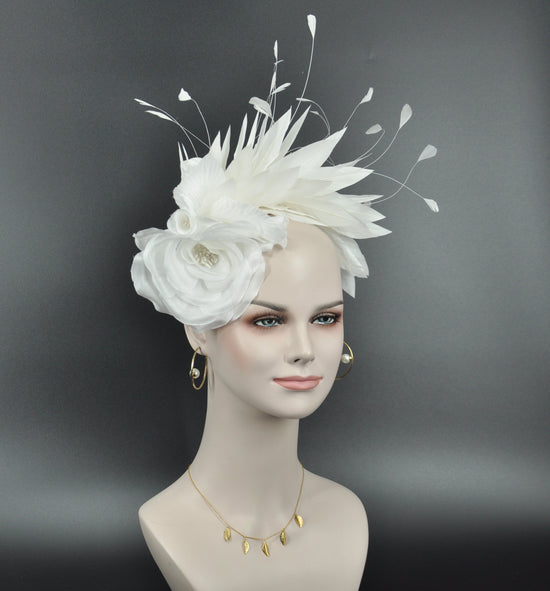 White Feather Fascinator Hat: Silk Flower Headband