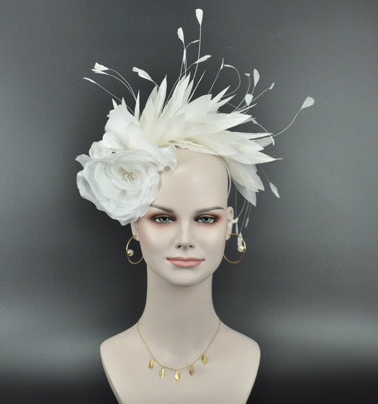 White Feather Fascinator Hat: Silk Flower Headband