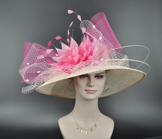 Wide Brim Sinamay Kentucky Derby Hat: Pink Flower Wedding Tea Party