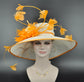 Wide Brim Derby Hat: White Sinamay with Orange Feather Flowers