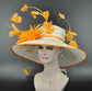 Wide Brim Kentucky Derby Hat: White Sinamay with Orange Feather Flowers