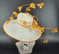 Wide Brim Kentucky Derby Hat: White Sinamay with Orange Feather Flowers