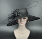 Black Sinamay Wide Brim Derby Hat: Feather Flower Ascot Race Day Hat