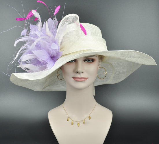 Sinamay Derby Hat: Ivory Lavender Feather Church Hat