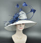 White Sinamay Derby Hat: Navy Blue Feather Flower, Royal Ascot Style