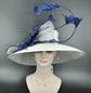 White Sinamay Derby Hat: Navy Blue Feather Flower, Royal Ascot Style