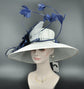 White Sinamay Derby Hat: Navy Blue Feather Flower, Royal Ascot Style