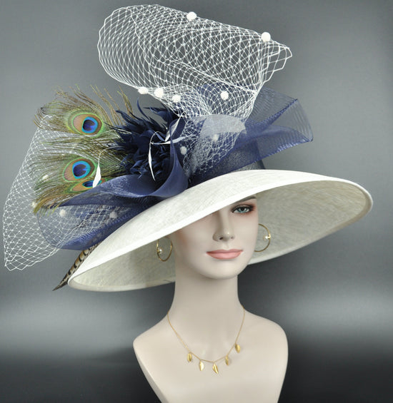 Derby Hat: Ivory Sinamay, Navy Peacock Feather Tea Party Hat