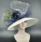 Kentucky Derby Hat: Ivory Sinamay, Navy Peacock Feather Tea Party Hat