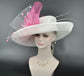 Church Kentucky Derby Hat Carriage Tea Party Wedding Wide Brim Sinamay Hat White w Fuchsia Hot Pink Pink Feather Flower Bows