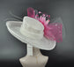 Church Kentucky Derby Hat Carriage Tea Party Wedding Wide Brim Sinamay Hat White w Fuchsia Hot Pink Pink Feather Flower Bows
