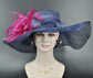 Navy Blue Sinamay Derby Hat: Feather Flower Wide Brim