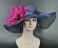 Navy Blue Sinamay Derby Hat: Feather Flower Wide Brim