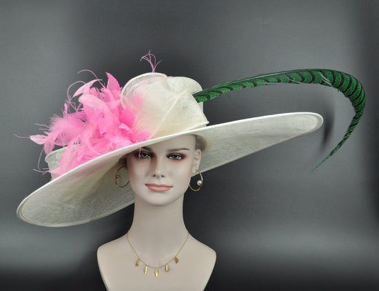 Wide Brim Derby Hat: Ivory Sinamay with Pink Feather Flower