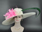Wide Brim Kentucky Derby Hat: Ivory Sinamay with Pink Feather Flower