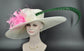 Wide Brim Kentucky Derby Hat: Ivory Sinamay with Pink Feather Flower