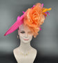 Hot Pink Sinamay DerbyFascinator Hat, Orange Silk Flowers