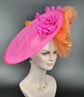 Hot Pink Sinamay DerbyFascinator Hat, Orange Silk Flowers