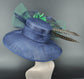 Navy Blue Sinamay Kentucky Derby Hat: Green Flower & Peacock Feathers