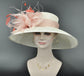 Wide Brim Sinamay Derby Hat: Off White, Blush Pink Feather Flower