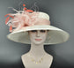 Wide Brim Sinamay Derby Hat: Off White, Blush Pink Feather Flower