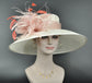 Wide Brim Sinamay Derby Hat: Off White, Blush Pink Feather Flower