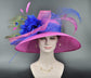 Hot Pink Kentucky Derby Hat: Royal Blue Feather Flower, Wide Brim Sinamay