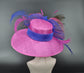 Hot Pink Kentucky Derby Hat: Royal Blue Feather Flower, Wide Brim Sinamay