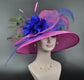 Hot Pink Kentucky Derby Hat: Royal Blue Feather Flower, Wide Brim Sinamay