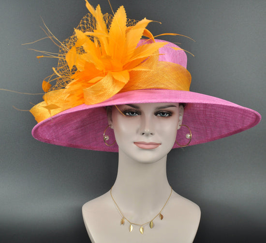 Hot Pink Sinamay Derby Hat: Orange Feather Flower, Wide Brim