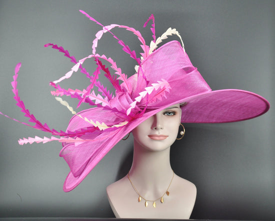 Fuchsia Derby Hat: Wide Brim Sinamay Feather Fascinator