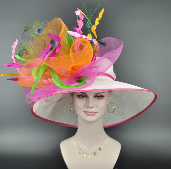 Wide Brim Derby Hat: Fuchsia, Orange, Peacock Feather Flower