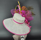 Wide Brim Kentucky Derby Hat: Fuchsia, Orange, Peacock Feather Flower