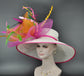 Wide Brim Kentucky Derby Hat: Fuchsia, Orange, Peacock Feather Flower
