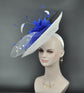 White Sinamay Fascinator Hat: Royal Blue Feather Flowers, Kentucky Derby