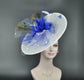 White Sinamay Fascinator Hat: Royal Blue Feather Flowers, Kentucky Derby