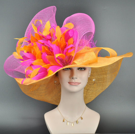 Orange, Hot Pink Bow & Feathers Wide Brim Kentucky Derby Hat,Ascot Hat for Wedding Tea Party   Garden Party Hat,Mother of the Bride, Church