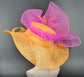 Wide Brim Sinamay Kentucky Derby Hat: Orange, Hot Pink Bow & Feathers