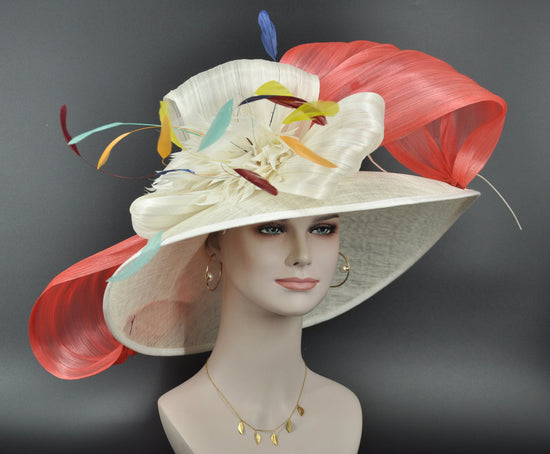 Wide Brim Sinamay Derby Hat: Ivory, Coral Silk Abaca Bows