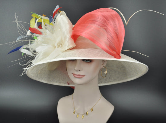 Wide Brim Sinamay Derby Hat: Ivory, Coral Silk Abaca Bows