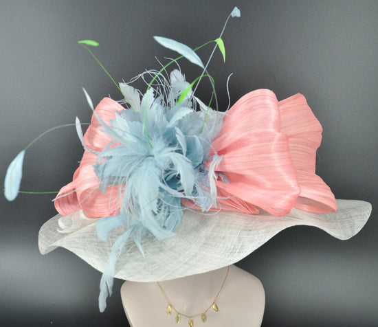 Sinamay Kentucky Derby Hat: White Wide Brim, Pink Bows & Feather Flower