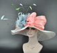Sinamay Kentucky Derby Hat: White Wide Brim, Pink Bows & Feather Flower