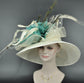 Wide Brim Sinamay Derby Hat: Ivory, Turquoise Feather & Peacock