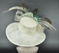 Wide Brim Sinamay Derby Hat: Ivory, Turquoise Feather & Peacock