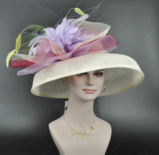 Wide Brim Sinamay Derby Hat: Audrey Hepburn Style, Feather Decoration