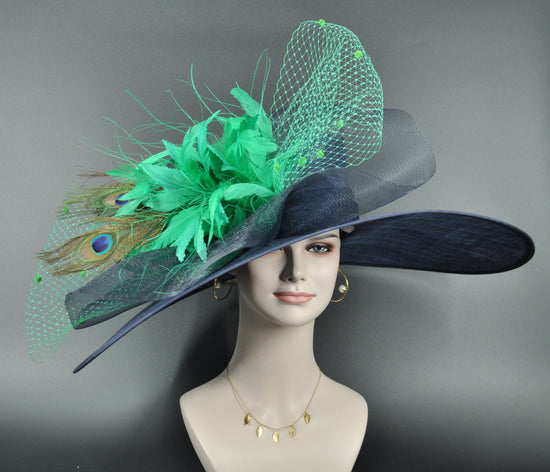 Navy Kentucky Derby Hat: Green Feather & Peacock Jumbo Bow Sinamay Wide Brim