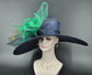 Navy Kentucky Derby Hat: Green Feather & Peacock Jumbo Bow Sinamay Wide Brim